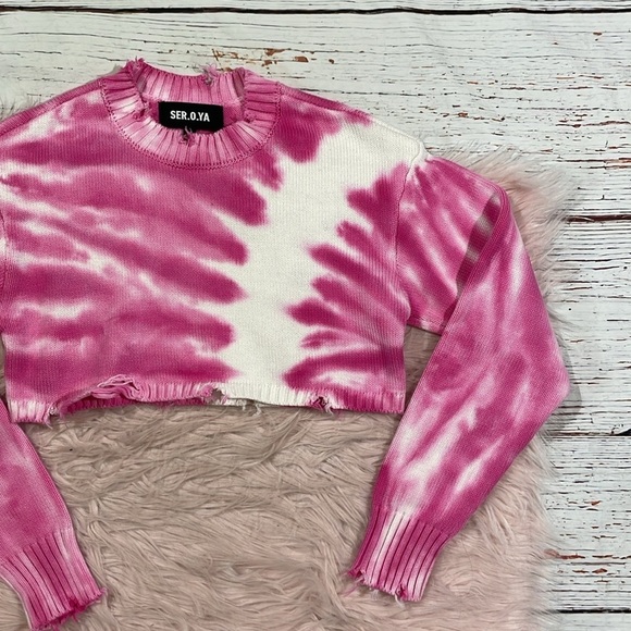 NWT SER.O.YA Paige Distressed Cropped Sweater Pink Line Tie Dye - Picture 7 of 9